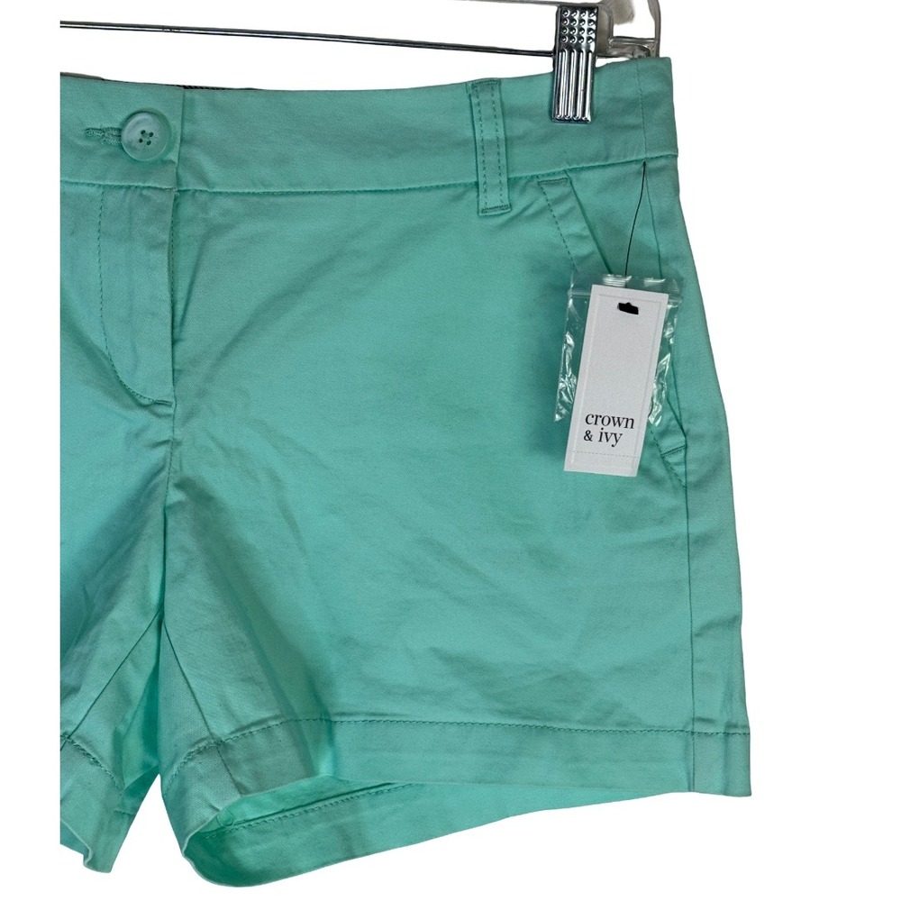 Crown & Ivy Chino Shorts Womens 4P Mint Cielo Teal Cotton Stretch Petite New Tag - Picture 3 of 14